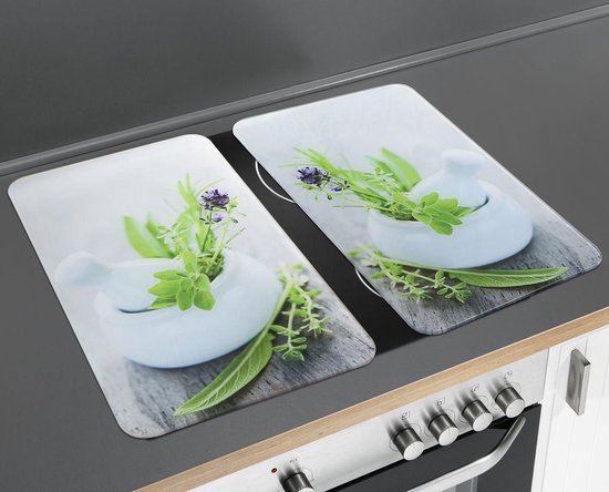 Wenko : Caches pour plaque de cuisson - Herb Garden - 52 x 30 cm - Verre - Blanc - Lot de 2