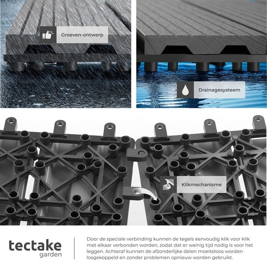 tectake® WPC wood tiles - Dalles aspect bois - Résistant aux intempéries - Sol extérieur - Dalles de sol - Sol de balcon - Dalles de terrasse avec système click - Drain - Lot de 11 - Gris