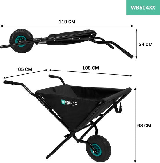 VONROC Brouette pliante - 50 litres - Capacité de charge 30 kg - Idéale pour l'élimination des déchets de jardin