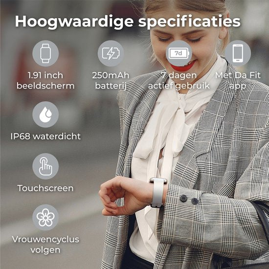 Nuvance - Smartwatch Hommes et Femmes avec Bluetooth - IP68 Waterproof - Convient à tous les Smartphones - Podomètre et moniteur de fréquence cardiaque - Argent