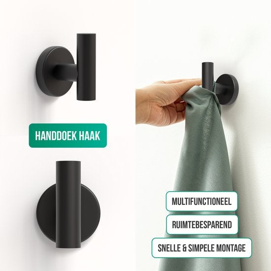 Avalo Toilet Accessories Set Black 4-Piece - Luxury Toilet Set - Brosse de toilette avec support / Porte-rouleau de toilette / Porte-rouleau de rechange / Crochet pour serviettes - Matériel de fixation inclus