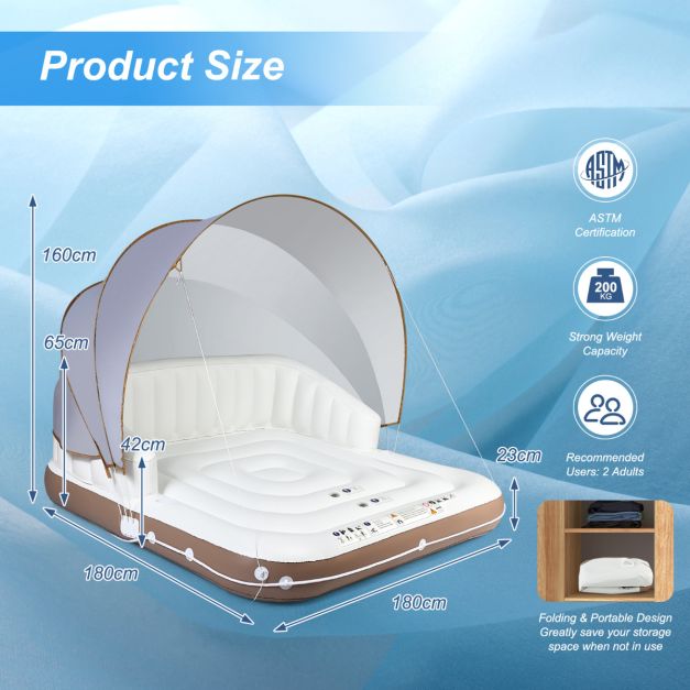 Costway Île de bain gonflable - baldaquin réglable et porte-gobelets - max. 200 kg - 180 x 180 x 160 cm - blanc/marron/argenté