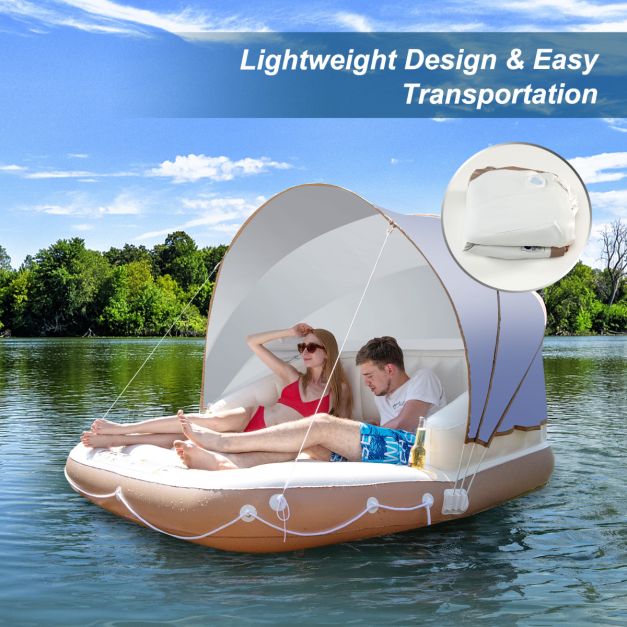 Costway Île de bain gonflable - baldaquin réglable et porte-gobelets - max. 200 kg - 180 x 180 x 160 cm - blanc/marron/argenté