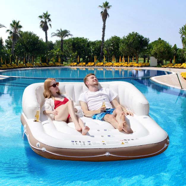 Costway Île de bain gonflable - baldaquin réglable et porte-gobelets - max. 200 kg - 180 x 180 x 160 cm - blanc/marron/argenté