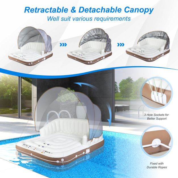 Costway Île de bain gonflable - baldaquin réglable et porte-gobelets - max. 200 kg - 180 x 180 x 160 cm - blanc/marron/argenté