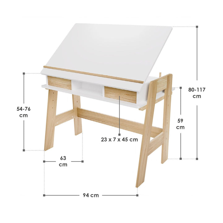 Bureau pour enfants Juskys Fietje Plus avec plateau réglable et rangement - Blanc/Naturel - 94 x 76 x 63 cm