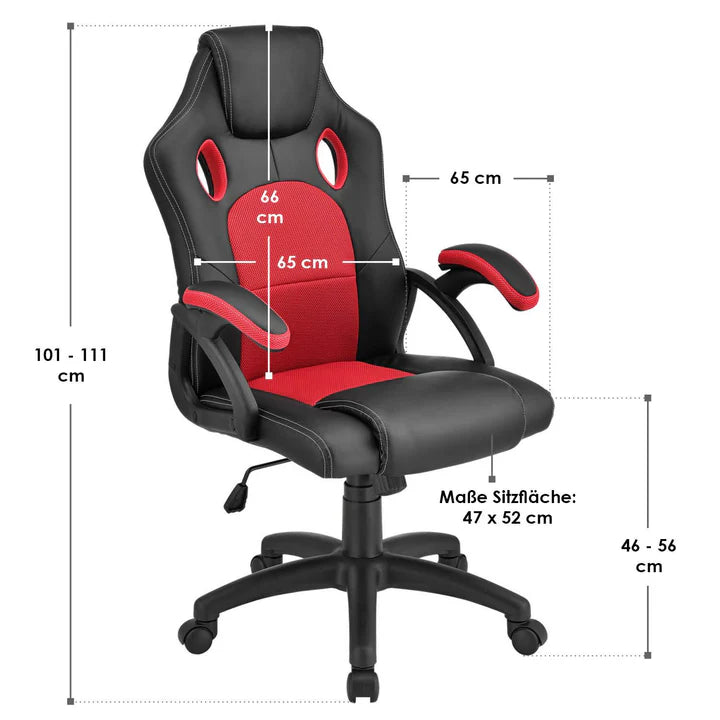 Juskys - Racing Office Chair Montreal - 111 x 47 x 52 cm - équipé d'un dossier inclinable et d'un insert en mesh et d'un ressort à gaz - pour le jeu et le bureau - cuir synthétique rouge et noir et métal