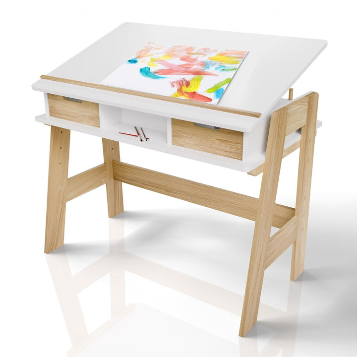 Bureau pour enfants Juskys Fietje Plus avec plateau réglable et rangement - Blanc/Naturel - 94 x 76 x 63 cm