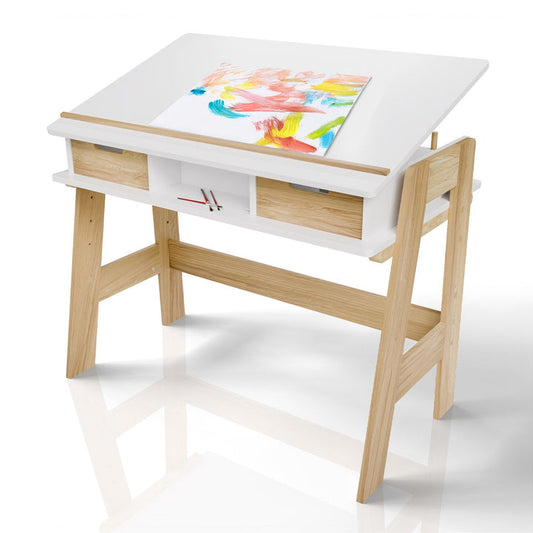Bureau pour enfants Juskys Fietje Plus avec plateau réglable et rangement - Blanc/Naturel - 94 x 76 x 63 cm
