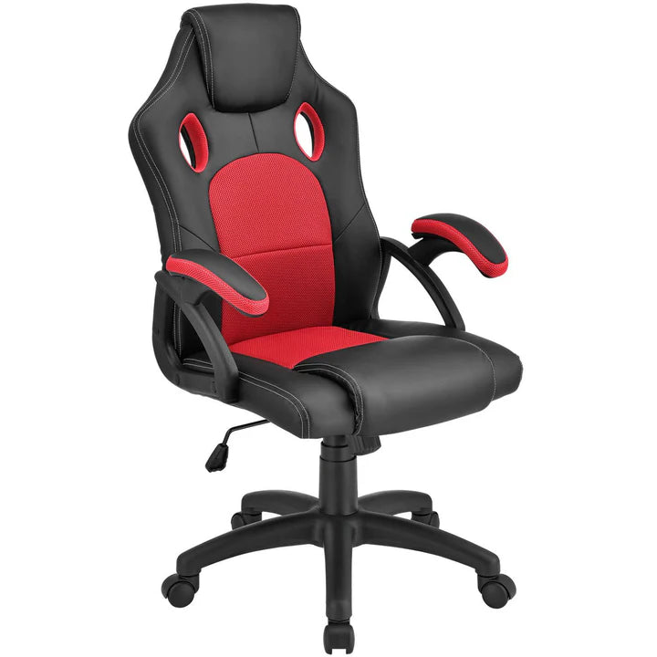 Juskys - Racing Office Chair Montreal - 111 x 47 x 52 cm - équipé d'un dossier inclinable et d'un insert en mesh et d'un ressort à gaz - pour le jeu et le bureau - cuir synthétique rouge et noir et métal