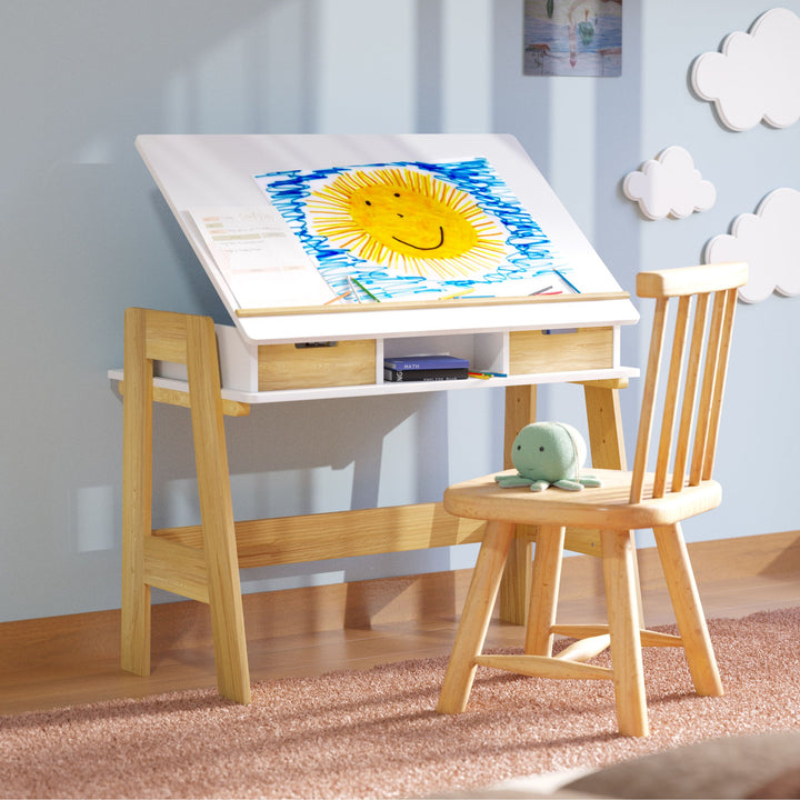 Bureau pour enfants Juskys Fietje Plus avec plateau réglable et rangement - Blanc/Naturel - 94 x 76 x 63 cm