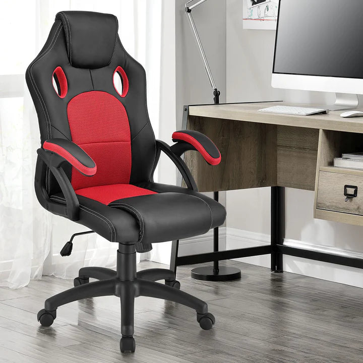 Juskys - Racing Office Chair Montreal - 111 x 47 x 52 cm - équipé d'un dossier inclinable et d'un insert en mesh et d'un ressort à gaz - pour le jeu et le bureau - cuir synthétique rouge et noir et métal