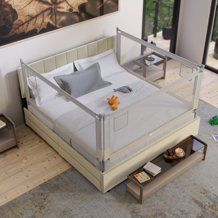 Juskys - Barre de lit Jaron - 180 cm - réglable en hauteur et pliable - pour matelas de 5 à 25 cm - avec compartiment de rangement pratique - tissu Oxford et beige