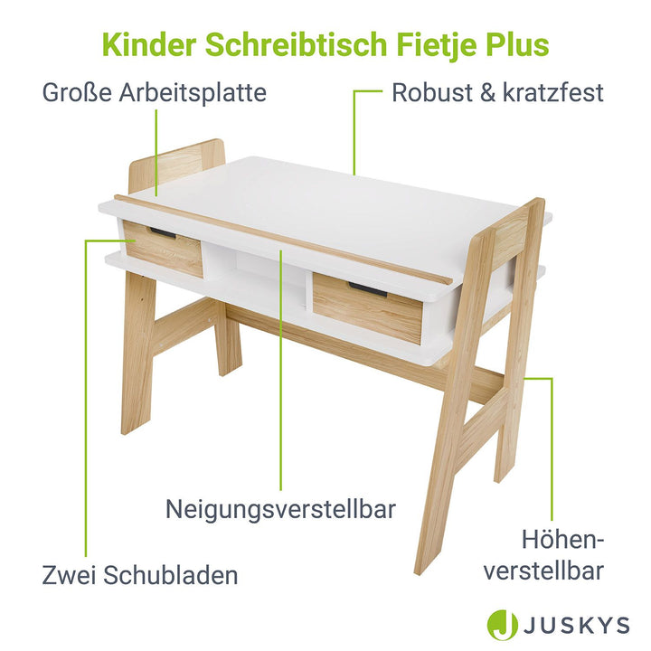 Bureau pour enfants Juskys Fietje Plus avec plateau réglable et rangement - Blanc/Naturel - 94 x 76 x 63 cm