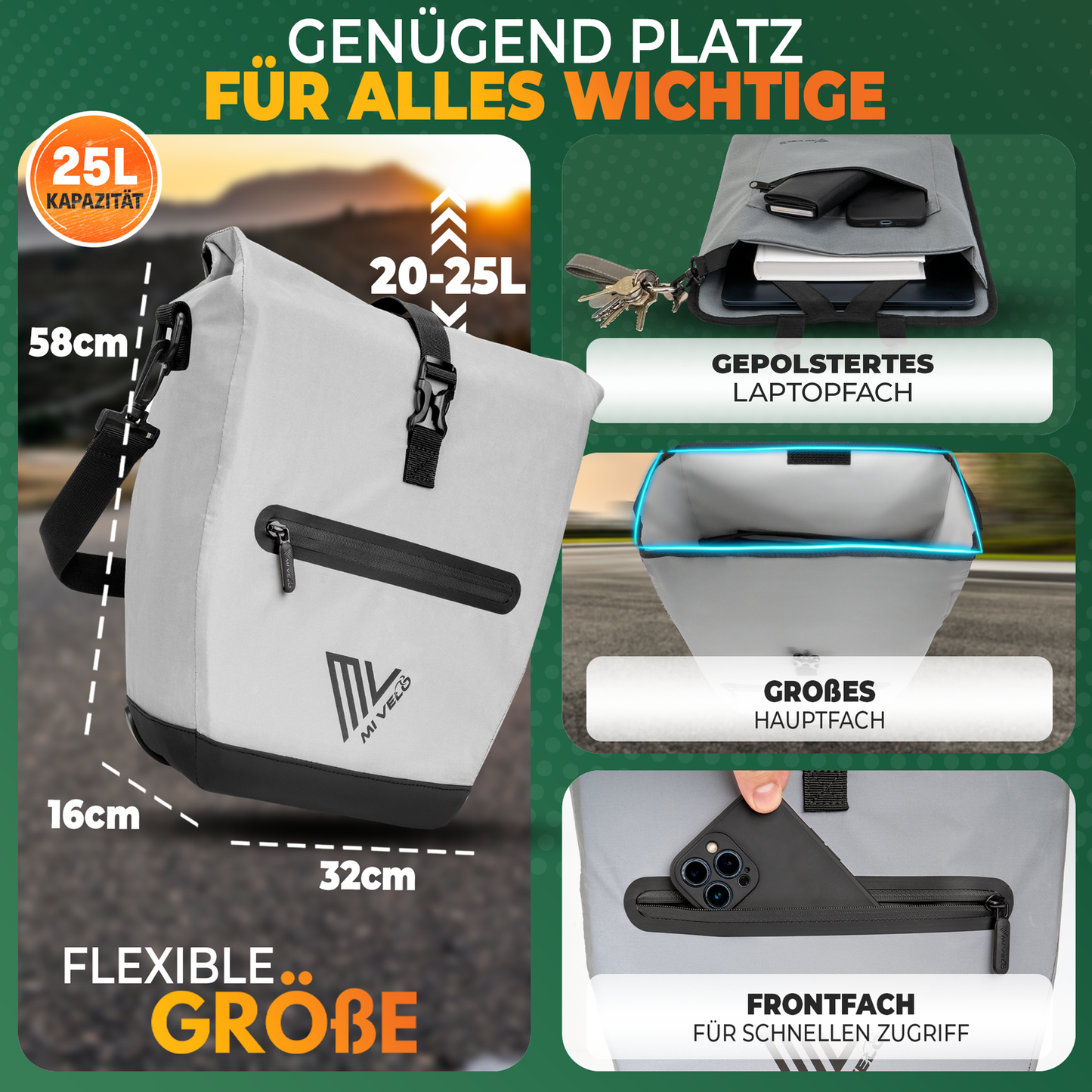 Mivelo 2-in-1 sacoche pour porte-bagages Capax 25L - étanche - 58 x 24/32 x 16 cm - entièrement réfléchissante