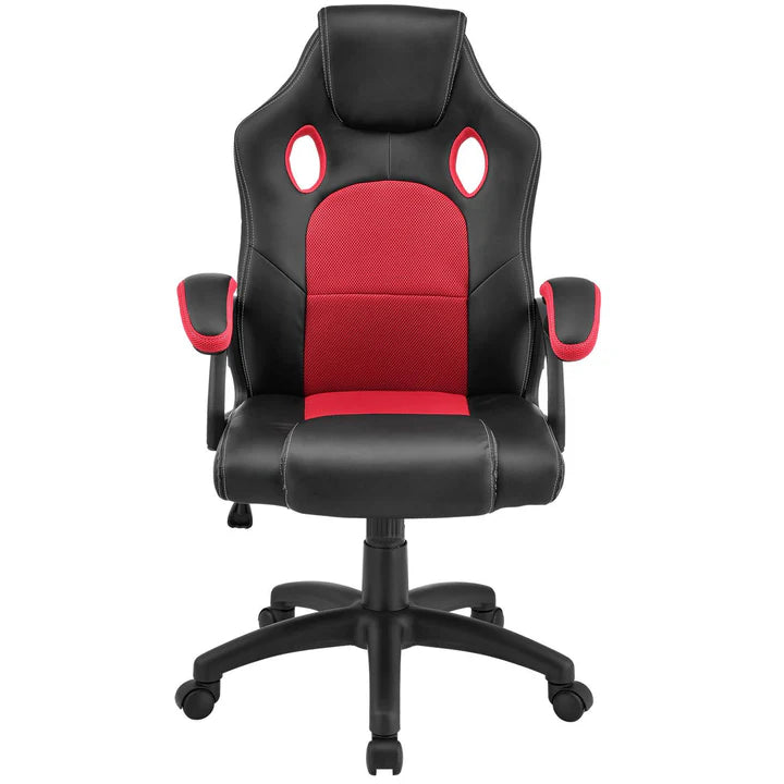 Juskys - Racing Office Chair Montreal - 111 x 47 x 52 cm - équipé d'un dossier inclinable et d'un insert en mesh et d'un ressort à gaz - pour le jeu et le bureau - cuir synthétique rouge et noir et métal