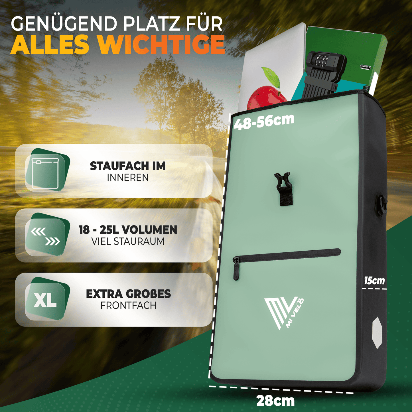 MiVelo Max - Sacoche étanche 2-en-1 pour porte-bagages - Menthe - 25 L