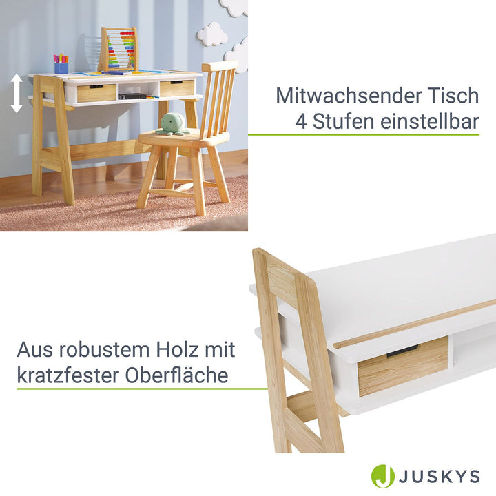 Bureau pour enfants Juskys Fietje Plus avec plateau réglable et rangement - Blanc/Naturel - 94 x 76 x 63 cm