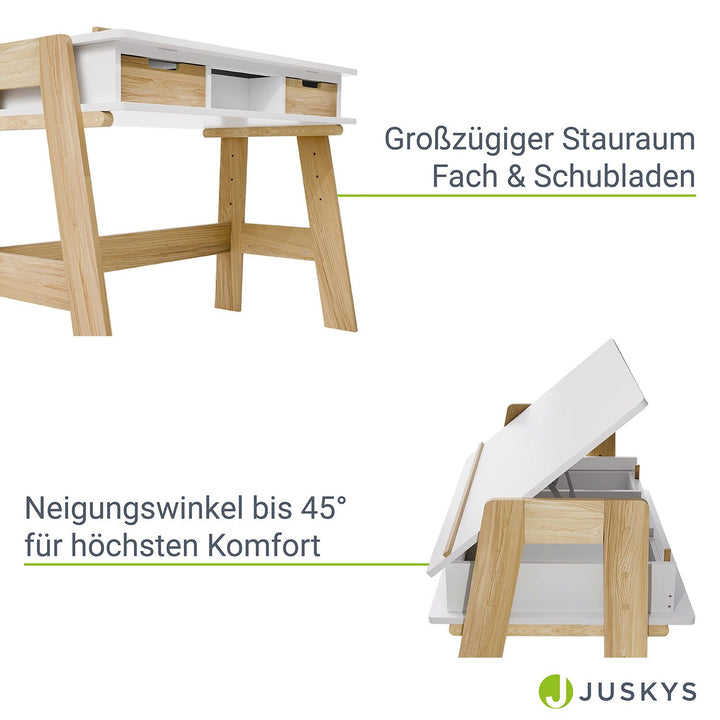 Bureau pour enfants Juskys Fietje Plus avec plateau réglable et rangement - Blanc/Naturel - 94 x 76 x 63 cm