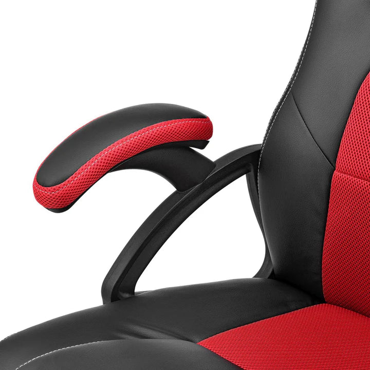 Juskys - Racing Office Chair Montreal - 111 x 47 x 52 cm - équipé d'un dossier inclinable et d'un insert en mesh et d'un ressort à gaz - pour le jeu et le bureau - cuir synthétique rouge et noir et métal