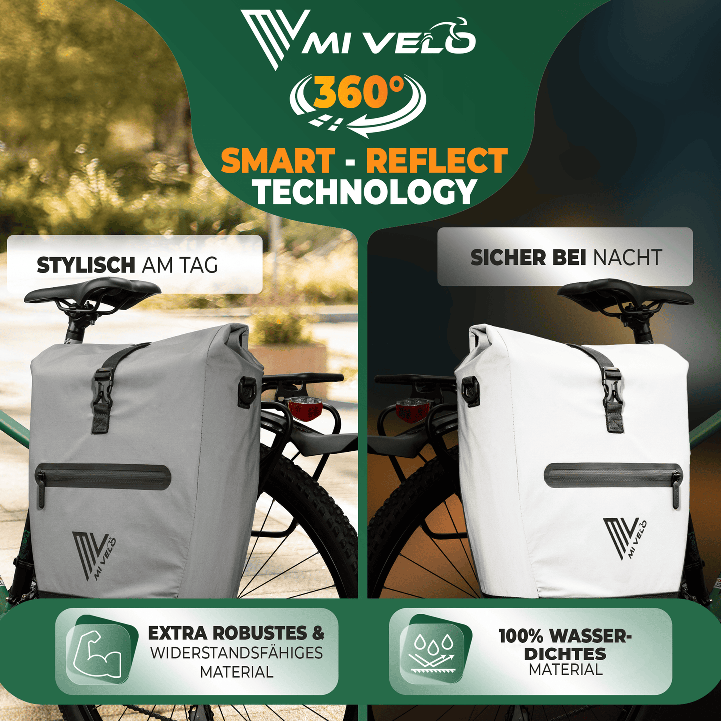 Mivelo 2-in-1 sacoche pour porte-bagages Capax 25L - étanche - 58 x 24/32 x 16 cm - entièrement réfléchissante