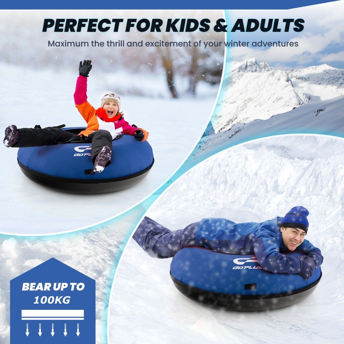 Coast 100 cm Inflatable Snow Sleigh Blue - Durable Oxford - Hard Bottom - Included Seat Pad and Towing Strap