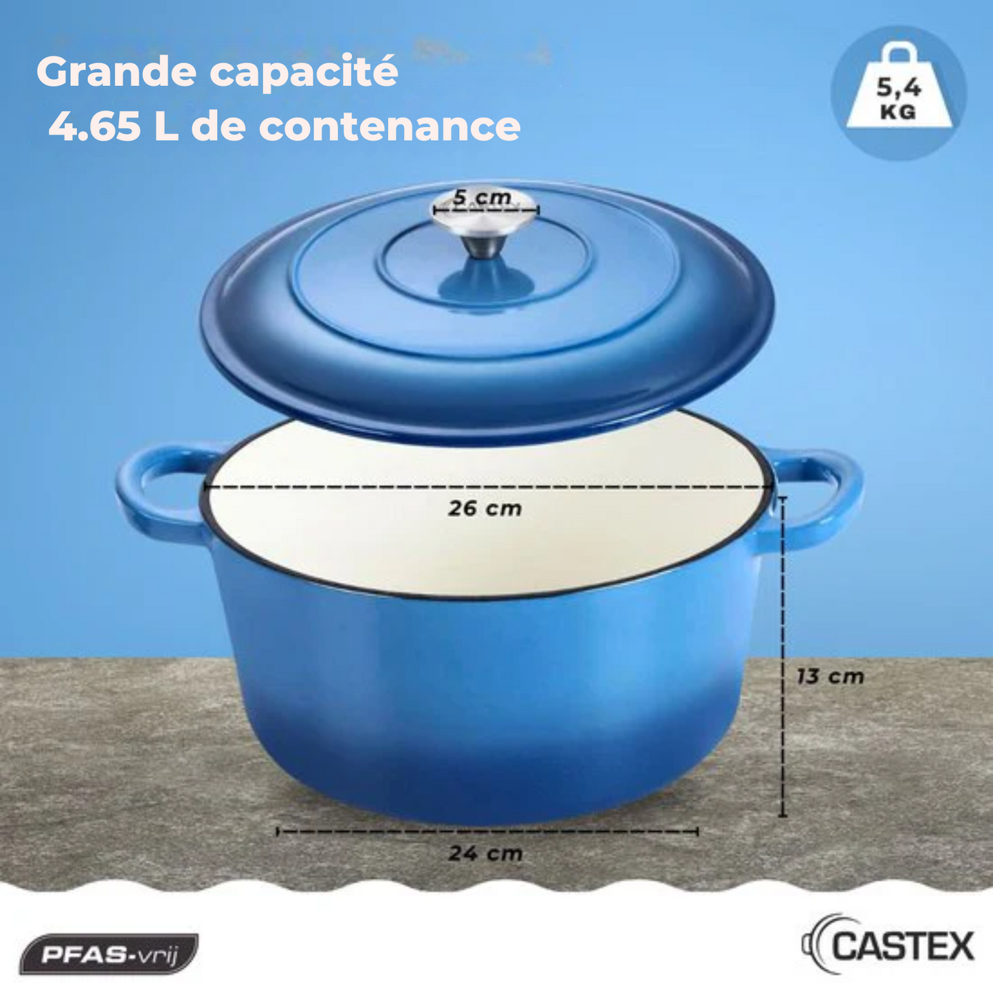 Cocotte - Castex - Casserole en fonte - Compatible toutes sources de chaleur - 4.65L - Bleu