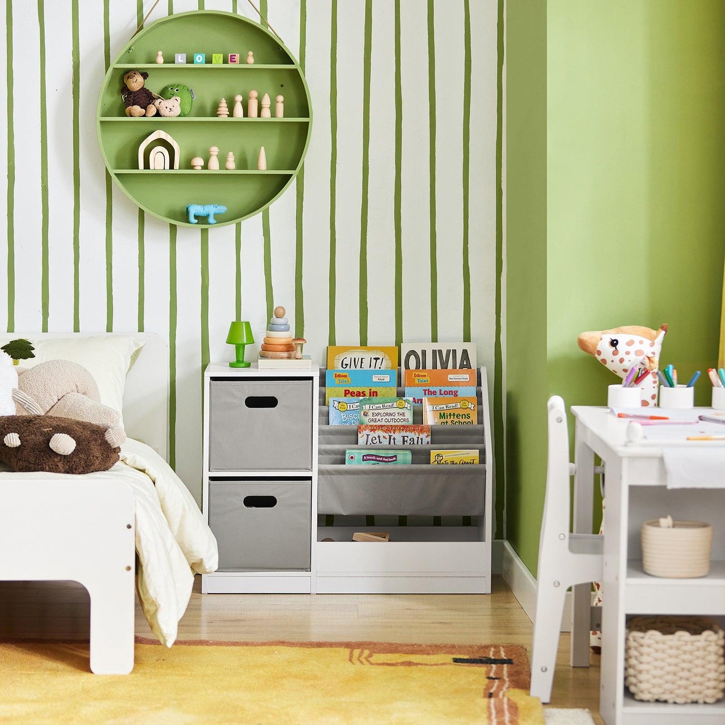 SoBuy Bibliothèque pour enfants avec 2 paniers - Max. 40 kg - 80 x 30 x 61 cm - Blanc / Gris