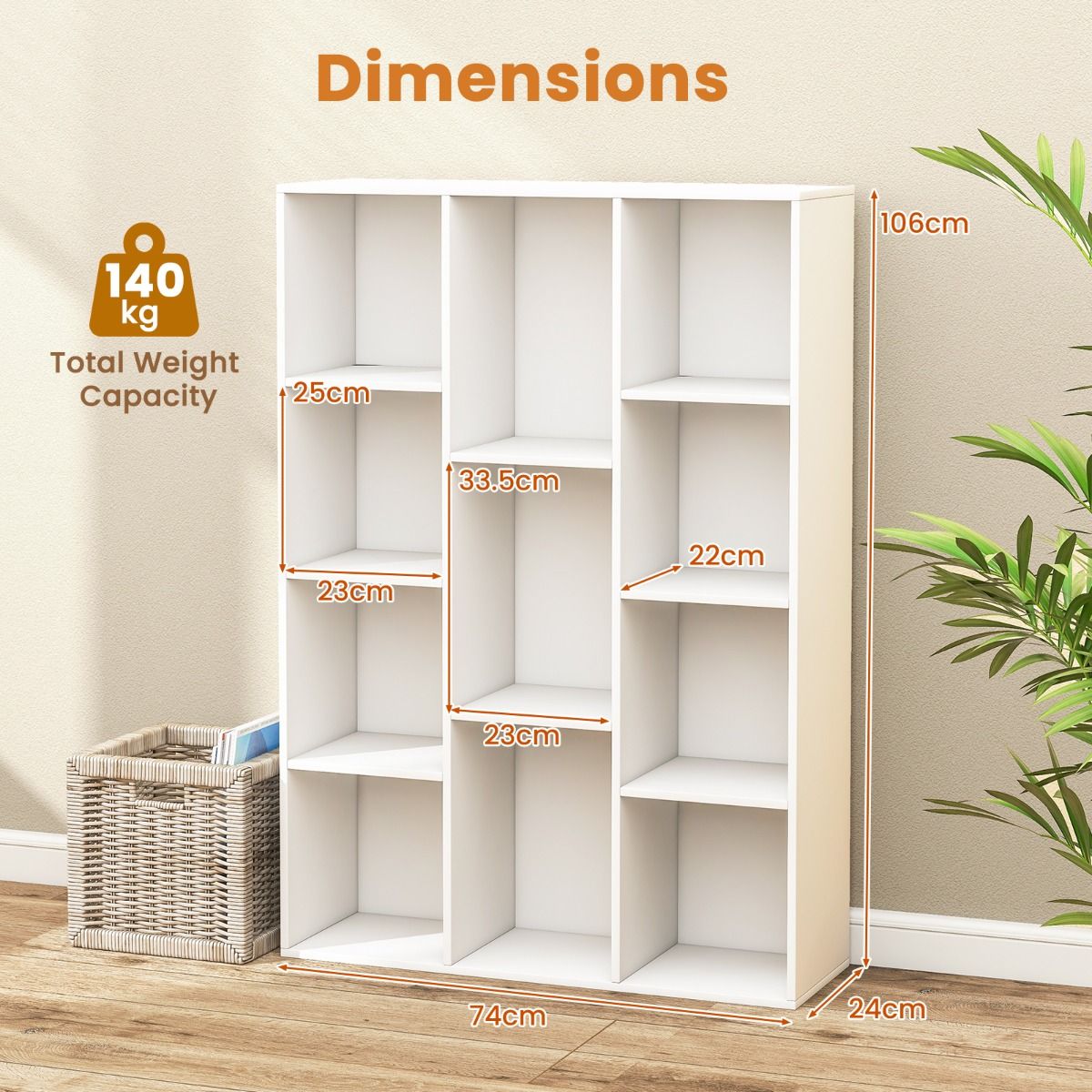 Coast Bookcase 11 Compartments White 74x24x106 cm - Etagère géométrique moderne avec protection contre le basculement