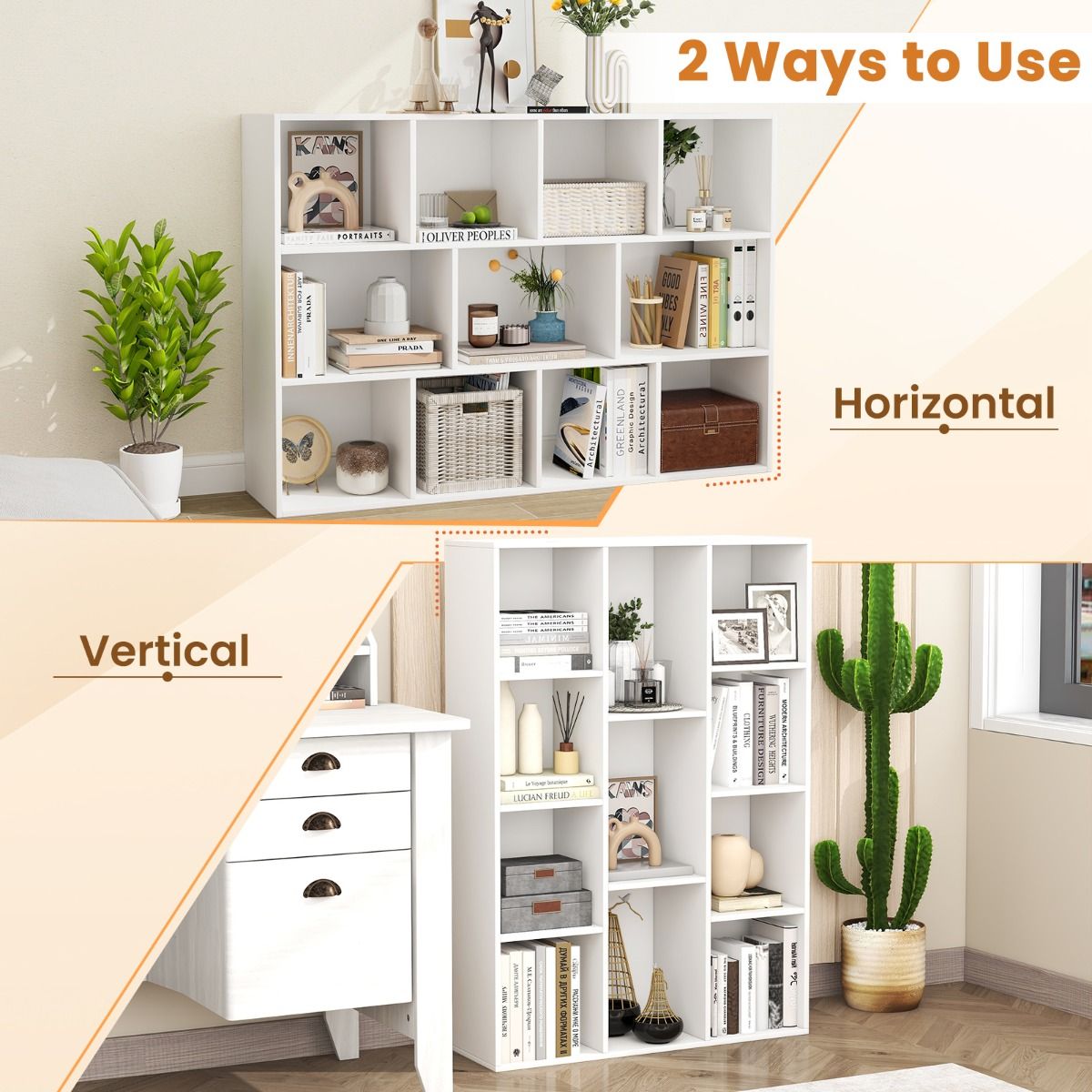 Coast Bookcase 11 Compartments White 74x24x106 cm - Etagère géométrique moderne avec protection contre le basculement