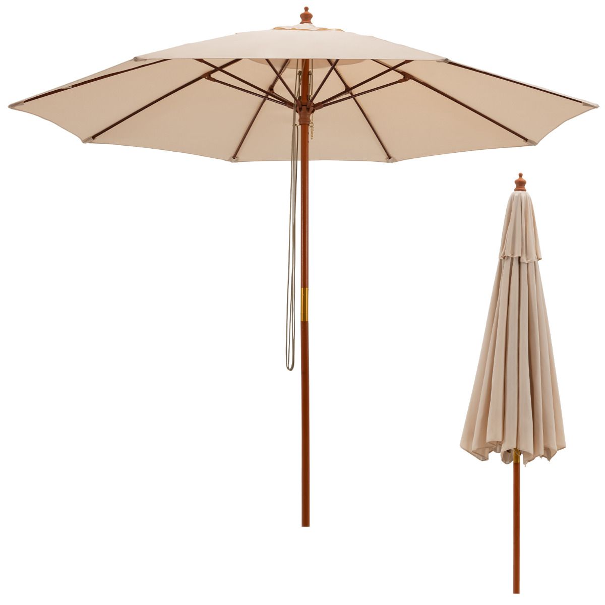 Coast Round Terrace Umbrella Beige Ø283 x 252,5 cm - Parapluie de marché en bois avec 8 baleines en fibre de verre