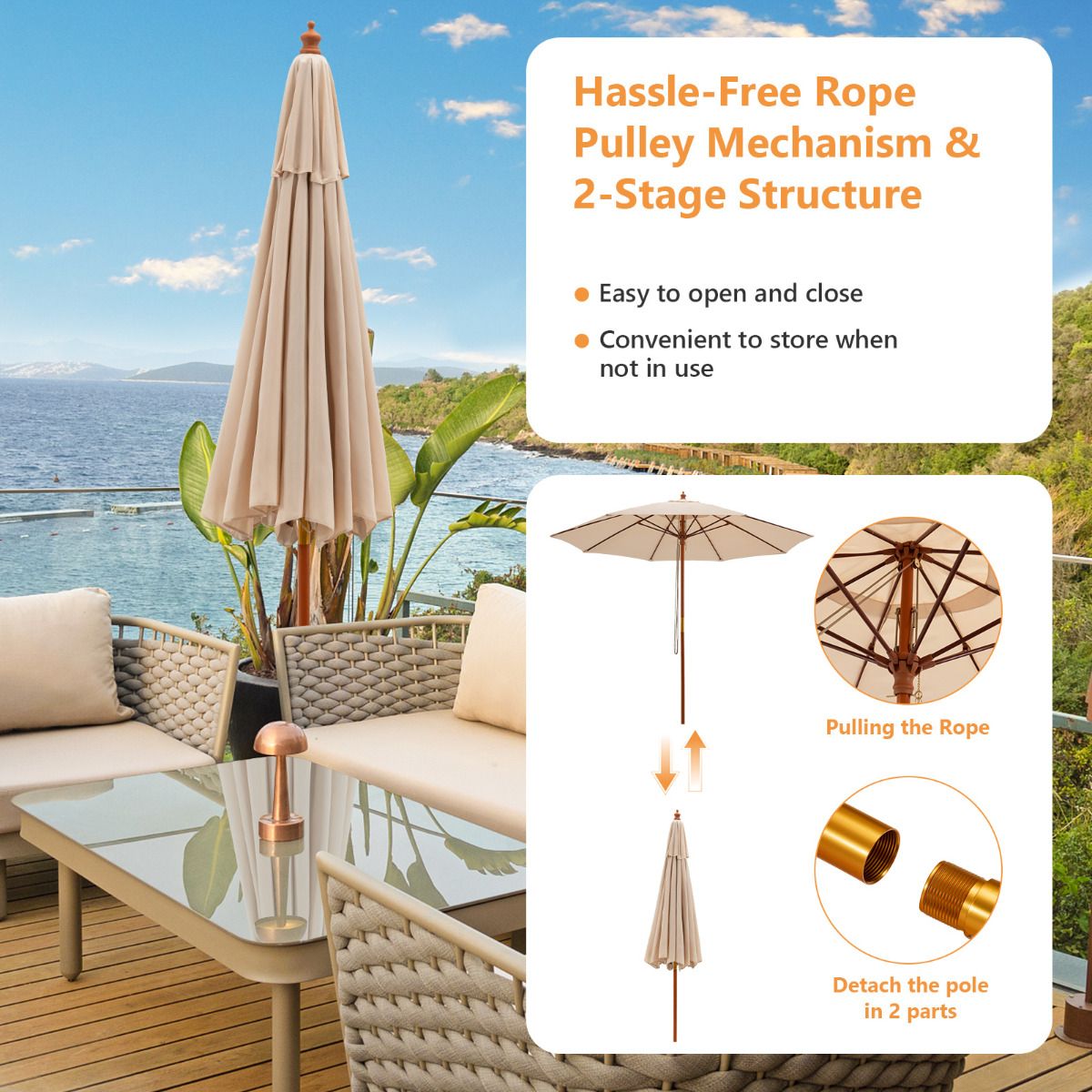 Coast Round Terrace Umbrella Beige Ø283 x 252,5 cm - Parapluie de marché en bois avec 8 baleines en fibre de verre