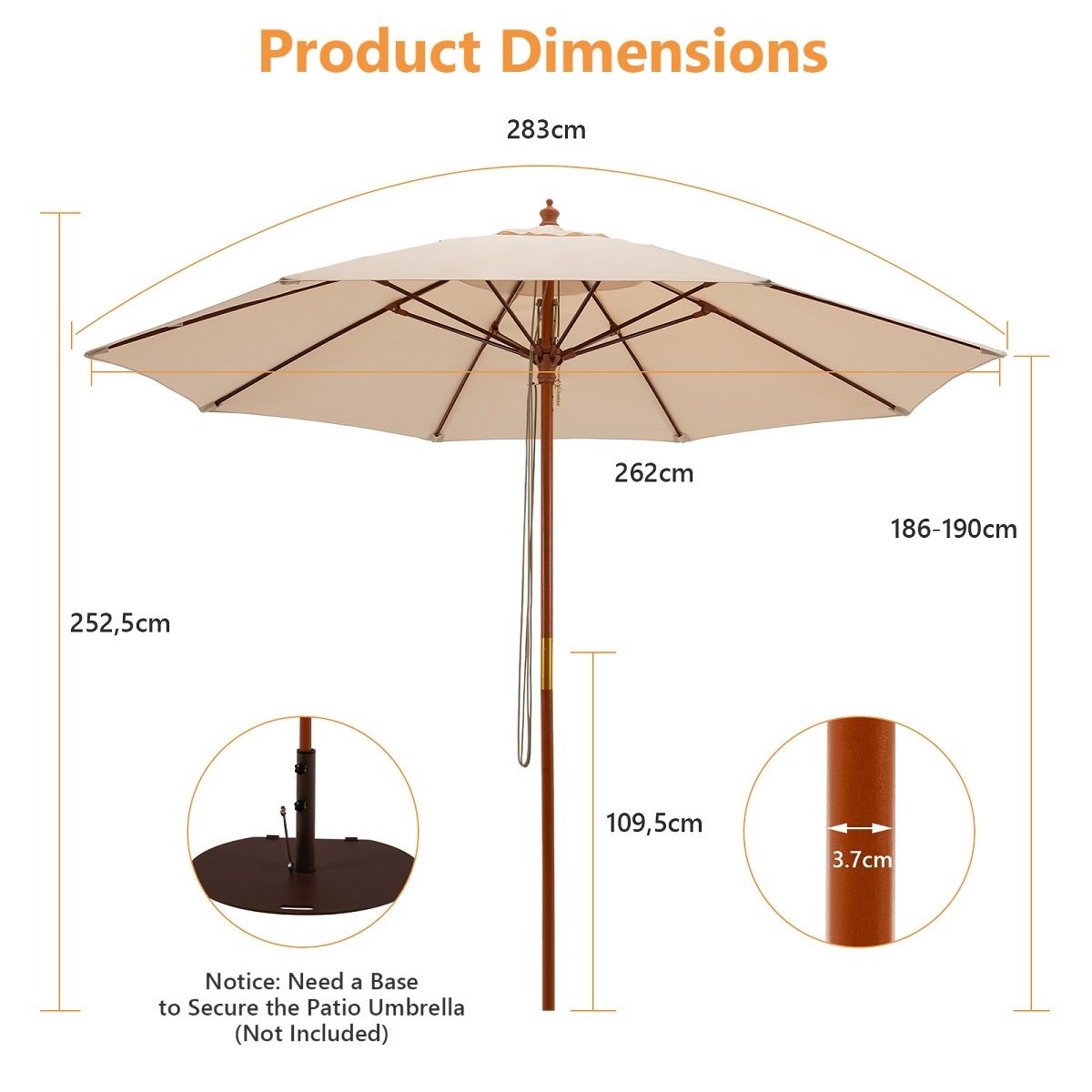 Coast Round Terrace Umbrella Beige Ø283 x 252,5 cm - Parapluie de marché en bois avec 8 baleines en fibre de verre