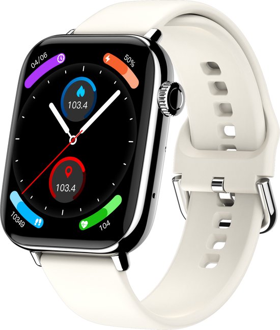 Nuvance - Smartwatch Hommes et Femmes avec Bluetooth - IP68 Waterproof - Convient à tous les Smartphones - Podomètre et moniteur de fréquence cardiaque - Argent