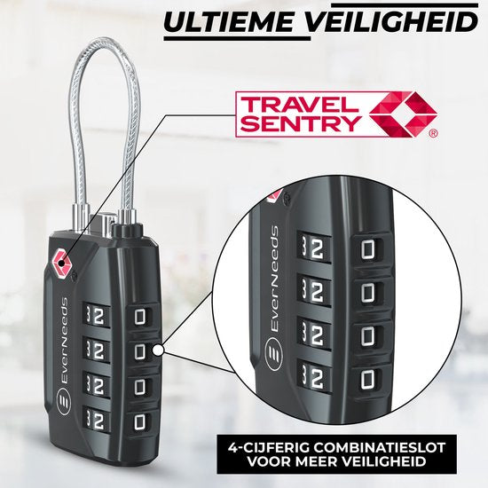 EverNeeds Serrure de valise - Serrure TSA - Cadenas à 4 chiffres - Serrure à chiffres - Noir - 2 pièces