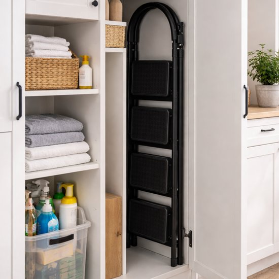 ToolX Household Ladders - Kitchen Ladders - Steel- 4 treads- Foldable - Anti-slip - Foldable - Black