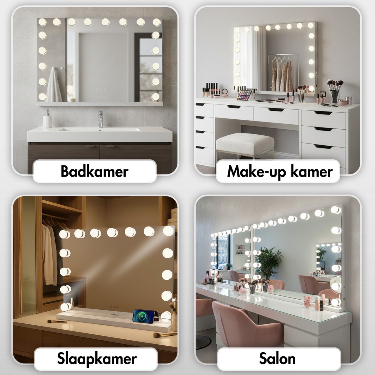 Sansbeauté® Hollywood Mirror 80x60 cm - Miroir de maquillage - 18 lampes LED - grossissement 10x - dimmable - port de charge USB - Touch Control - Bluetooth - Multi