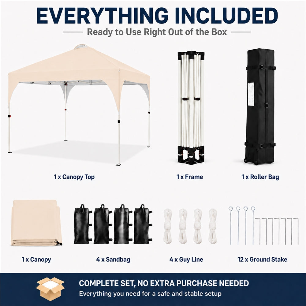 SOBERINE Pavillon pliant pop-up 3 × 3 m avec sac à roulettes, sacs de sable et piquets, beige