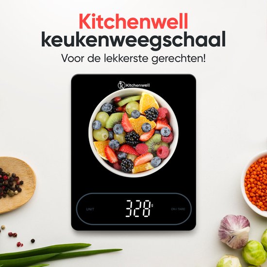 Balance de cuisine numérique de précision Kitchenwell – Balance de cuisine – 1 g – 12 kg – Fonction tare – Piles – Noir
