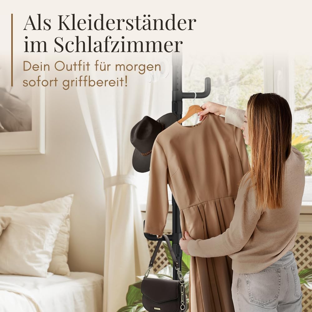 LOBUX® - Porte-manteau extensible, 5 crochets [noir, 110-310cm] - porte-manteau télescopique stable - porte-manteau gain de place, métal - valet de chambre - porte-manteau couloir - porte-manteau balcon