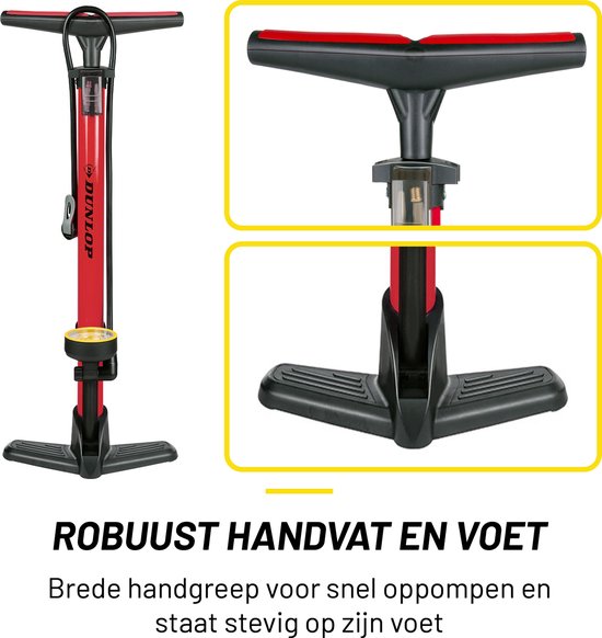Pompe à vélo Dunlop avec manomètre - Pompe à vélo pour valve Dunlop, Schrader et française - Pompe sur pied avec adaptateurs pour jouets aquatiques et balles