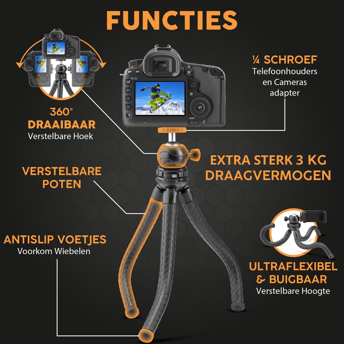 Studio ME Phone Tripod - Trépied Smartphone - Flexible - Trépied pour appareil photo - Noir - Gorillapod - Support de téléphone