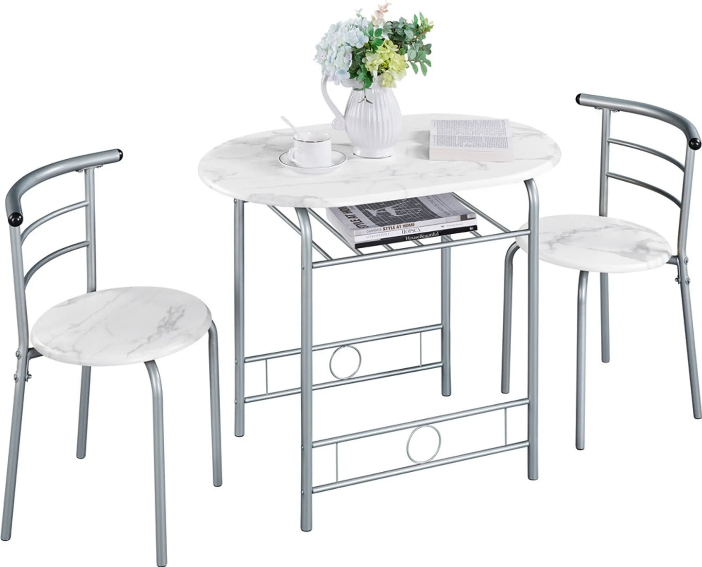 Yaheetech Table de salle à manger 3 pièces - avec rangement sous le plateau et deux chaises avec dossier et design peu encombrant - pour cuisine et balcon - Mdf blanc et métal - 90 x 53 x 75.5 cm