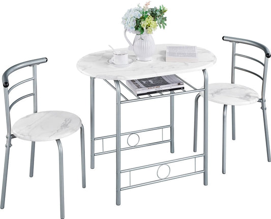 Yaheetech Table de salle à manger 3 pièces - avec rangement sous le plateau et deux chaises avec dossier et design peu encombrant - pour cuisine et balcon - Mdf blanc et métal - 90 x 53 x 75.5 cm
