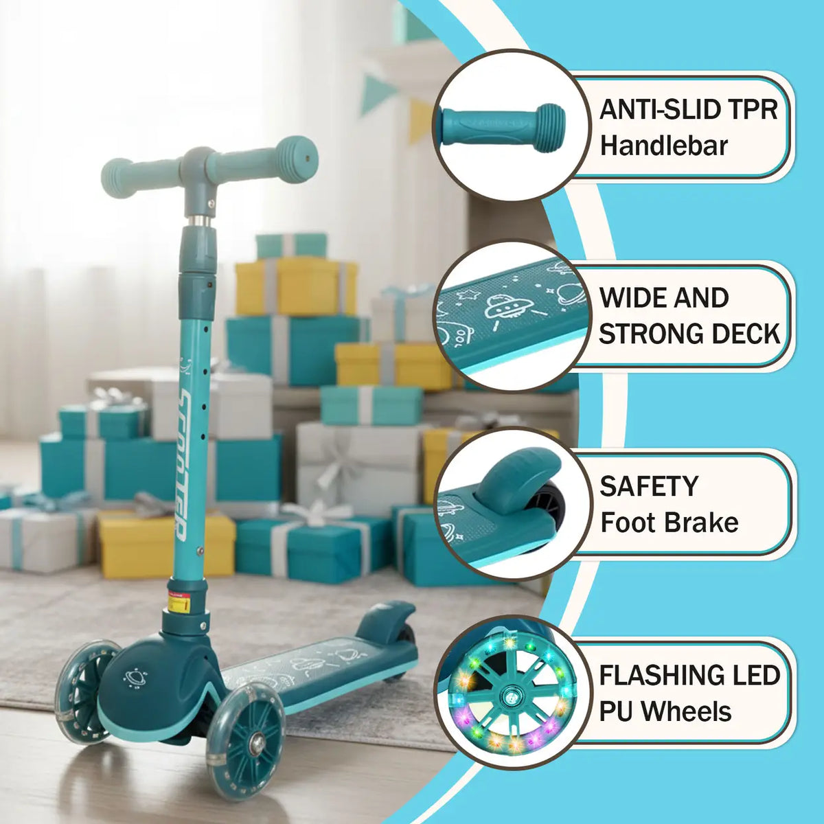 Trottinette pour enfants Neuleb KS004 - Verte - 3 roues avec éclairage LED - Pliable - Guidon réglable - De 3 à 10 ans