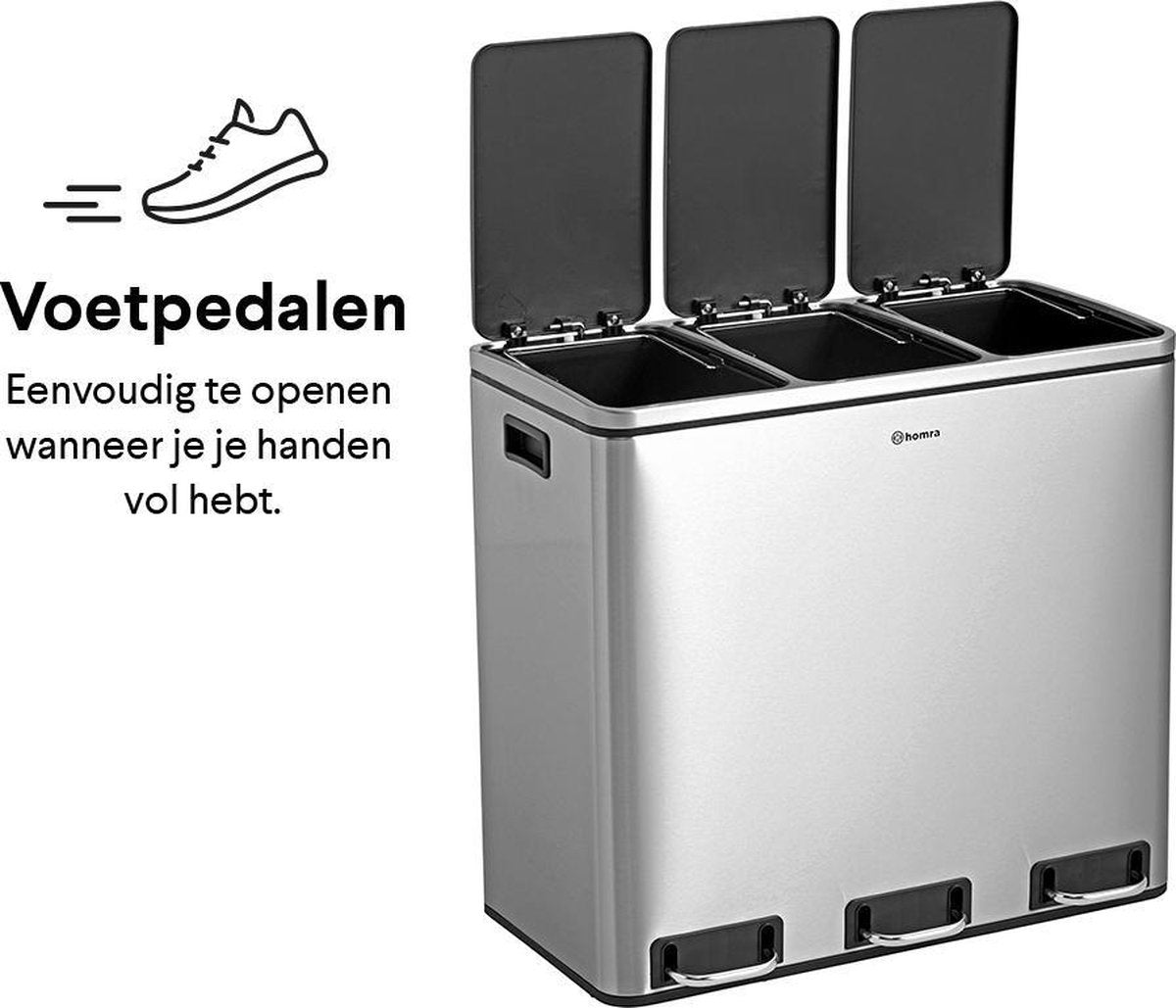 Homra Sparq Pedaalemmer 54 Liter - RVS Prullenbak 3 vakken - Trio Prullenbak 3 X 18 Liter - Prullenbak Afvalscheiding- Vuilnisbak voor huishouden en kantoor - Recycle Vuilbak keuken Afvalemmer - Afvalscheidingsprullenbakken