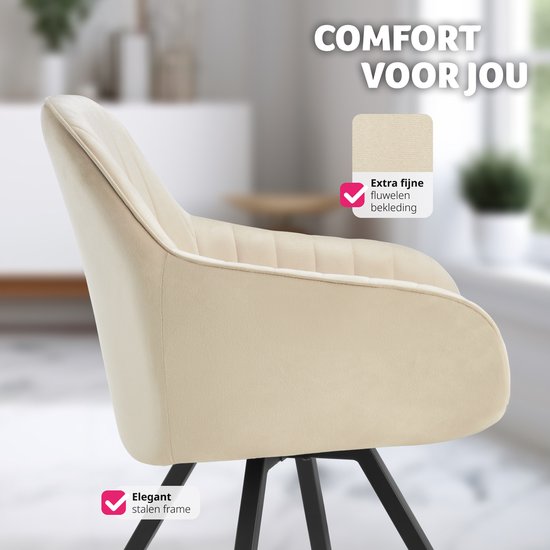 tectake - Chaise de salle à manger pivotante avec accoudoirs - Revêtement en velours - Rembourrée - Crème