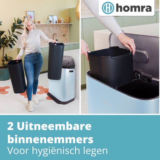 Poubelle Homra Rockx 60 litres - Poubelle à double pédale 2 x 30 L avec filtre anti-odeurs - Poubelle de tri sélectif en acier inoxydable à 2 compartiments - Poubelle de recyclage - Poubelle de cuisine - Poubelle de tri sélectif - Poubelles doubles bleues