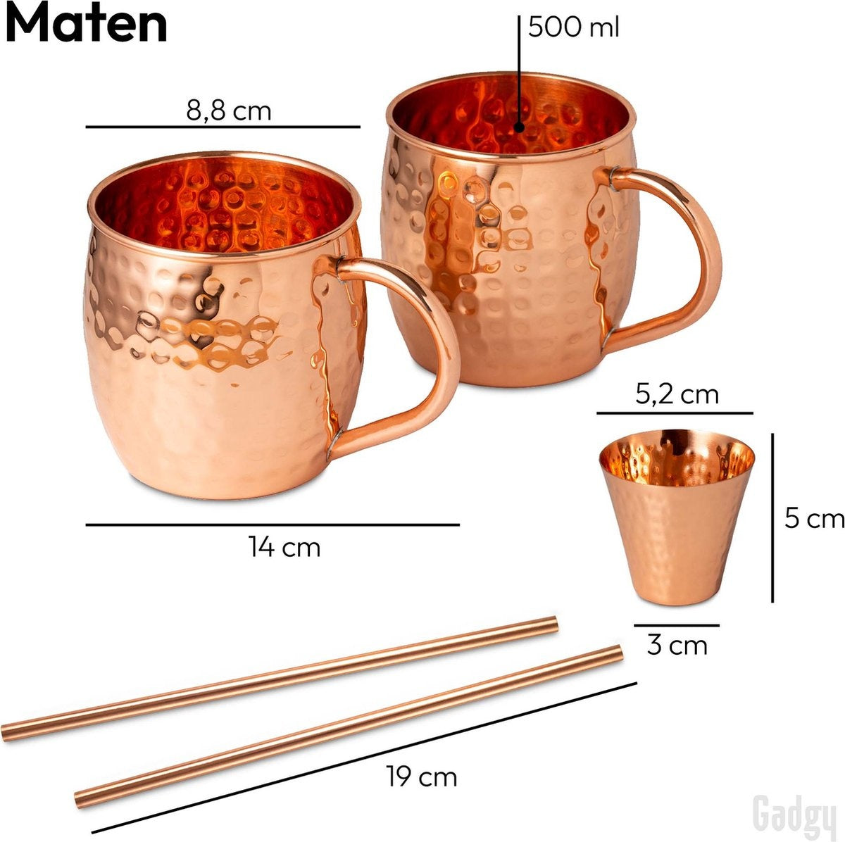 Gadgy Moscow Mule Cups Set - 100% Copper - Set cocktail : 2 verres à cocktail, 2 pailles et 1 mesure de bar