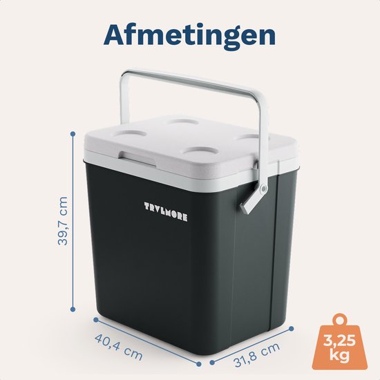 TRVLMORE Cool Box 26L - 65 heures de réfrigération - Frigobox - 2 éléments réfrigérants inclus - Anthracite